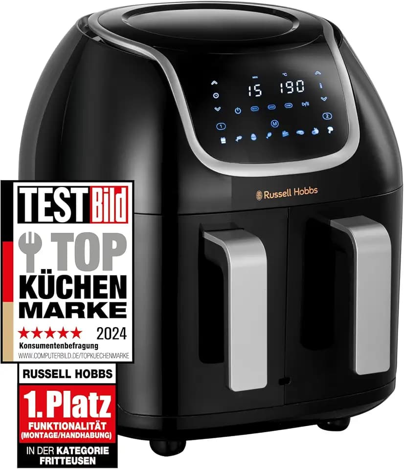 Russell Hobbs Heißluftfritteuse Doppelkammer [2 Fächer je 4,25l, nur getrennt nutzbar, Gesamtvolumen 8,5l] Rapid Air Fryer Technik (8 Programme, spülmaschinenfest,Touchscreen) AirFryer 27290-56S