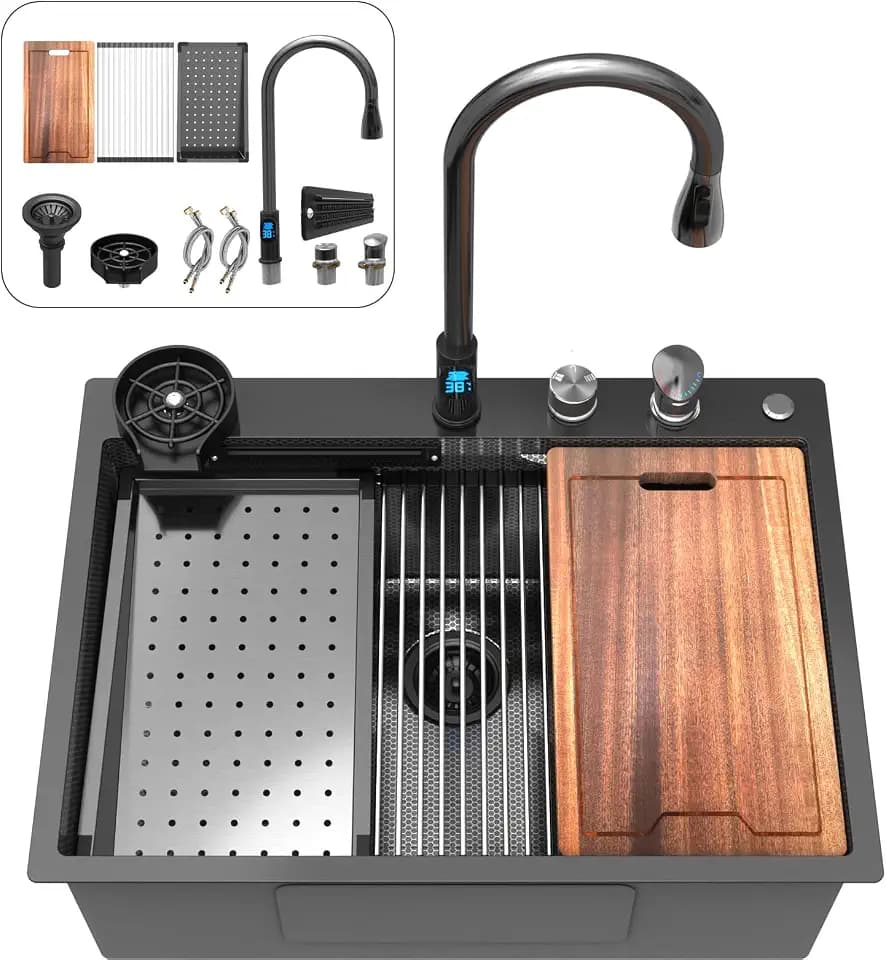 30inch Waterfall Kitchen Sink Drop In Metal Black -Feibus 30x22x10 with Faucet Combo Double Step Workstation 16 Gauge Multifunctional Stainless Steel Single Bowl