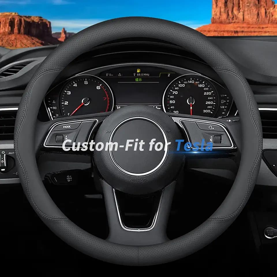 Deer Route Custom-Fit for Tesla Steering Wheel Cover, Premium Leather Car Steering Wheel Cover with Logo, Non-Slip, Breathable, for Tesla Accessories (B-Style,for Tesla)
