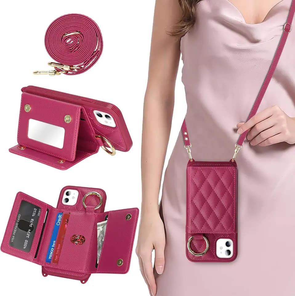 for iPhone 11 Case with Card Holder and Strap, Rose red