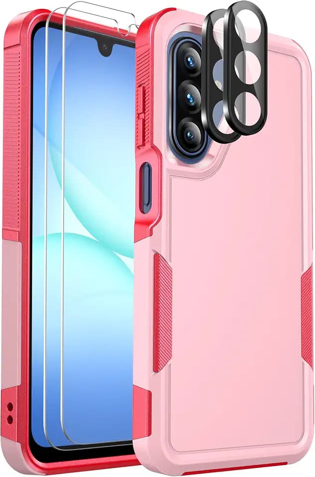 for Samsung Galaxy A17 5G Phone Case, [Military Grade Drop Protection] [Glass Screen Protector + Camera Lens Protector] Non-Slip Shockproof Case (Pink)