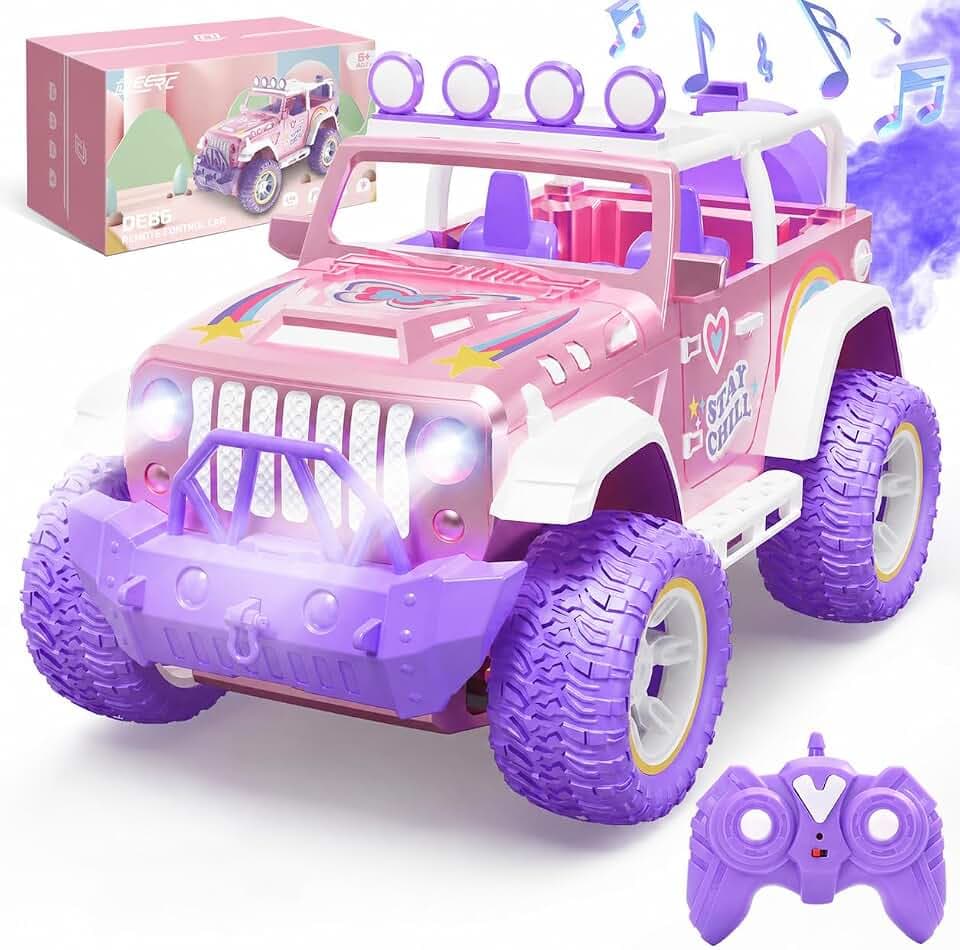 DEERC Rosa ferngesteuertes Auto für Mädchen mit Nebel und Musik, 1:16 RC LKW Geschenke, 2,4 GHz All Terrain SUV Spielzeug Auto