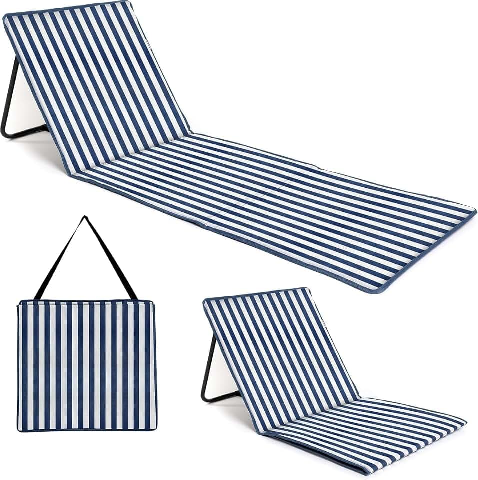 just be... Beach Chair with Backrest, Foldable Lightweight Reclining Beach Mat, Portable Padded Lounge Seat with Carry Strap & Zip Pocket – Blue Stripes