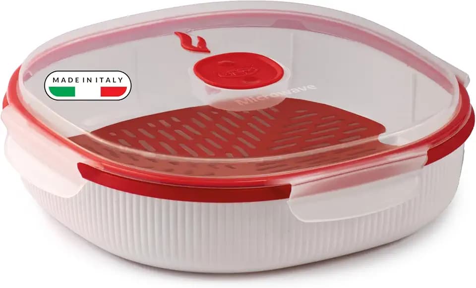 Snips - Dampfgarer für Mikrowelle Weiß 2L, Microwave Mikrowellenschüssel mit Herausnehmbarem Korb und Dampfventil, Mikrowellenbehälter Spülmaschinenfest Schnelle Zubereitung 24,5x24,5x7, Made in Italy