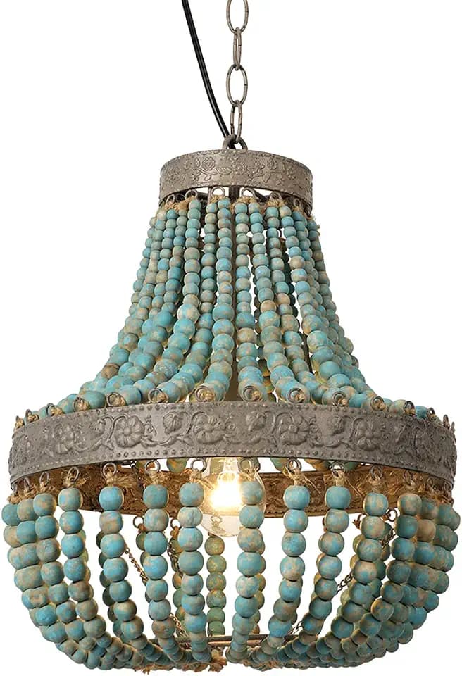 Bohemian Gray Blue Wood Bead Pendant Light
