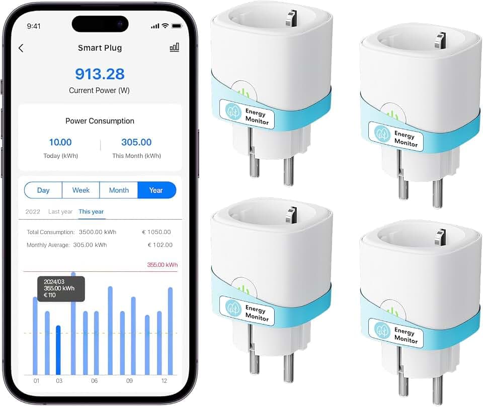 Meross MINI Smarte Steckdose mit Strommessung 16A, WLAN Steckdose mit Sprachsteuerung, Fernzugriff, Smart Home WiFi Steckdosen kompatibel mit Alexa, Google Home, SmartThings, 4er