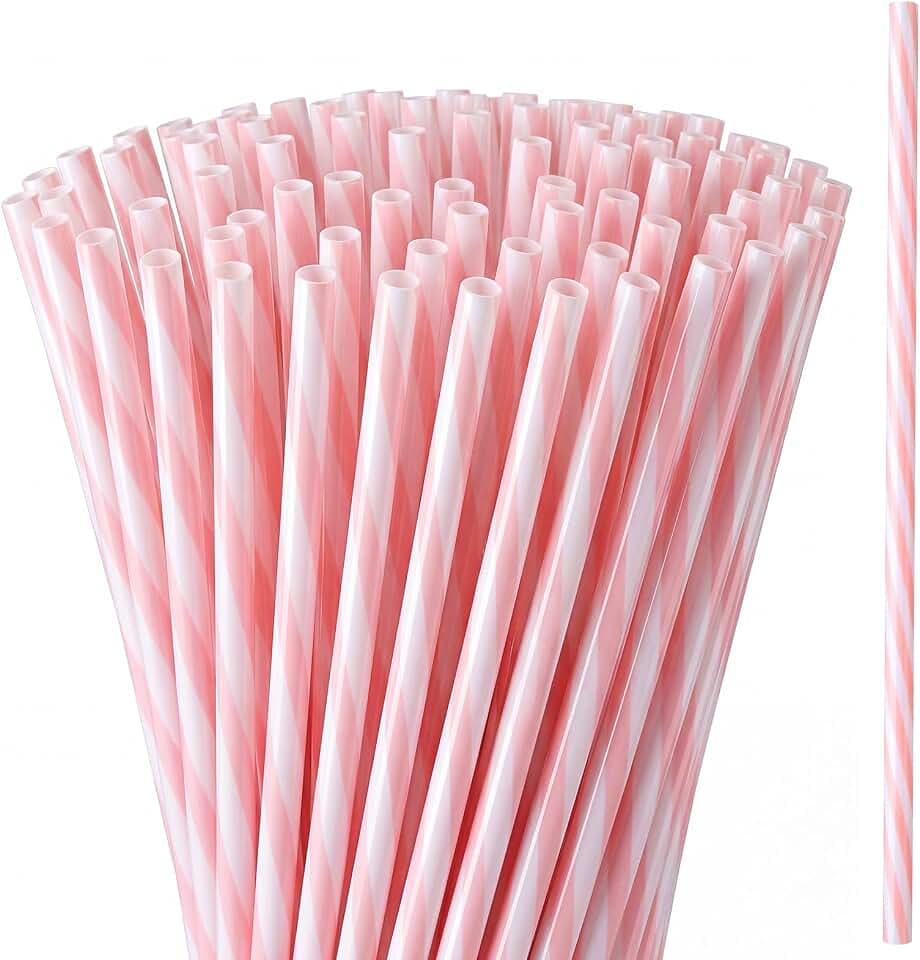 Honeydak 50 Pcs Reusable Plastic Straws Bulk,Pink and White Striped