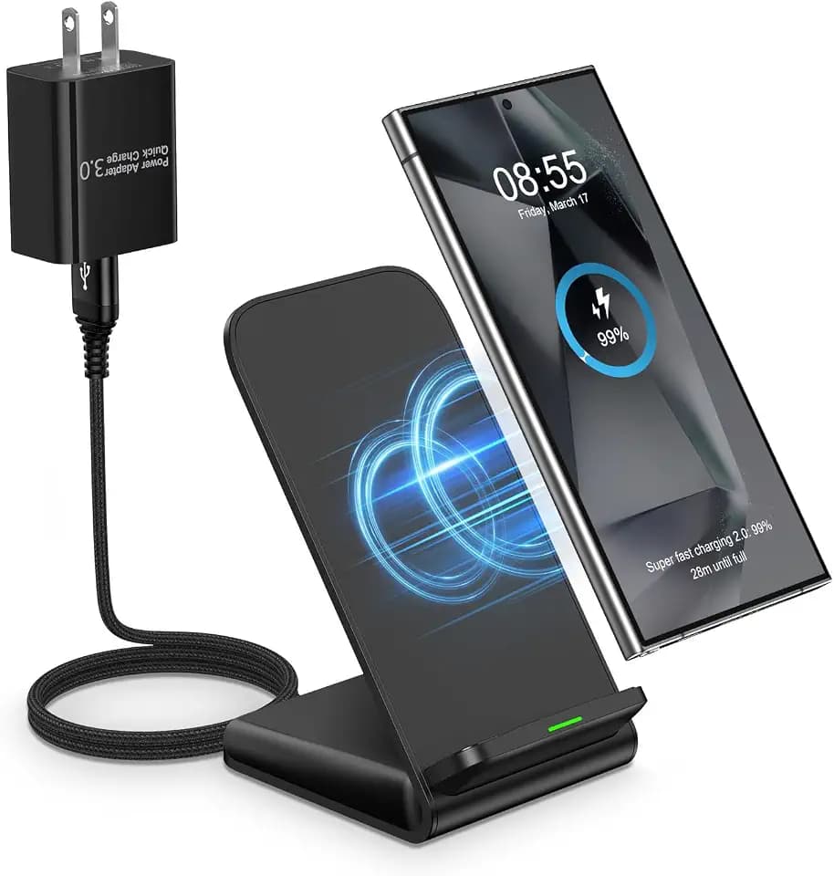 Android Wireless Charger Samsung for Samsung Galaxy S25FE S25 Plus S25 Edge S25 Ultra S24FE S23 S22, Android Desk Phone Charger Stand Fast Charging Station Pad for iPhone 17 Pro Max, with 18W Adapter