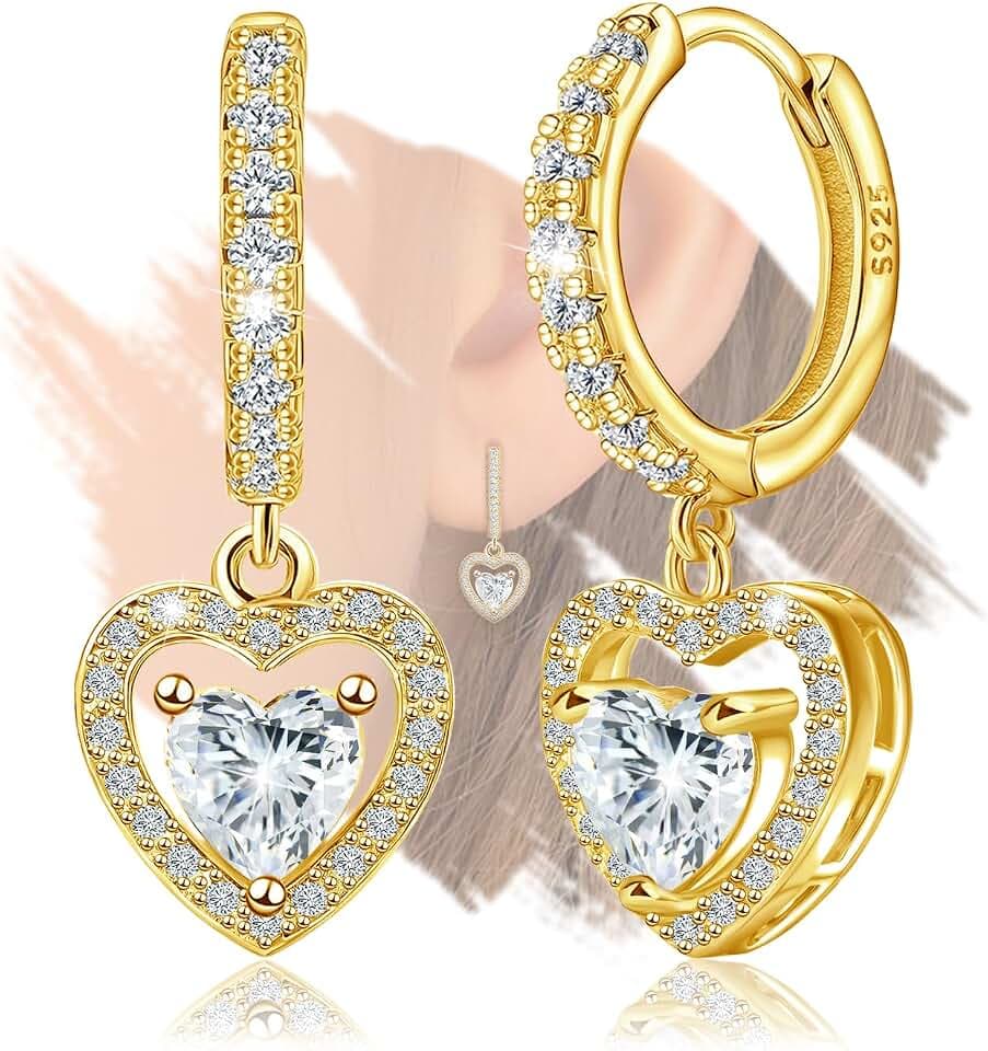 Sterling Silver Gold Heart Earrings for Women - Classic Love Heart-Shaped Hoop Earrings with Dangle Hypoallergenic Lightweight Cubic Zirconia Earring Fashion Gifts for Wife Mother