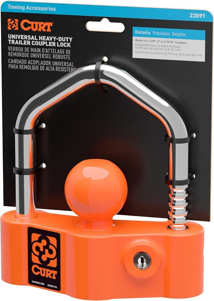 CURT 23091 Universal Heavy-Duty Trailer Coupler Lock, Bright Orange, Fits Couplers with 1-7/8", 2" or 2-5/16" Ball Diameter