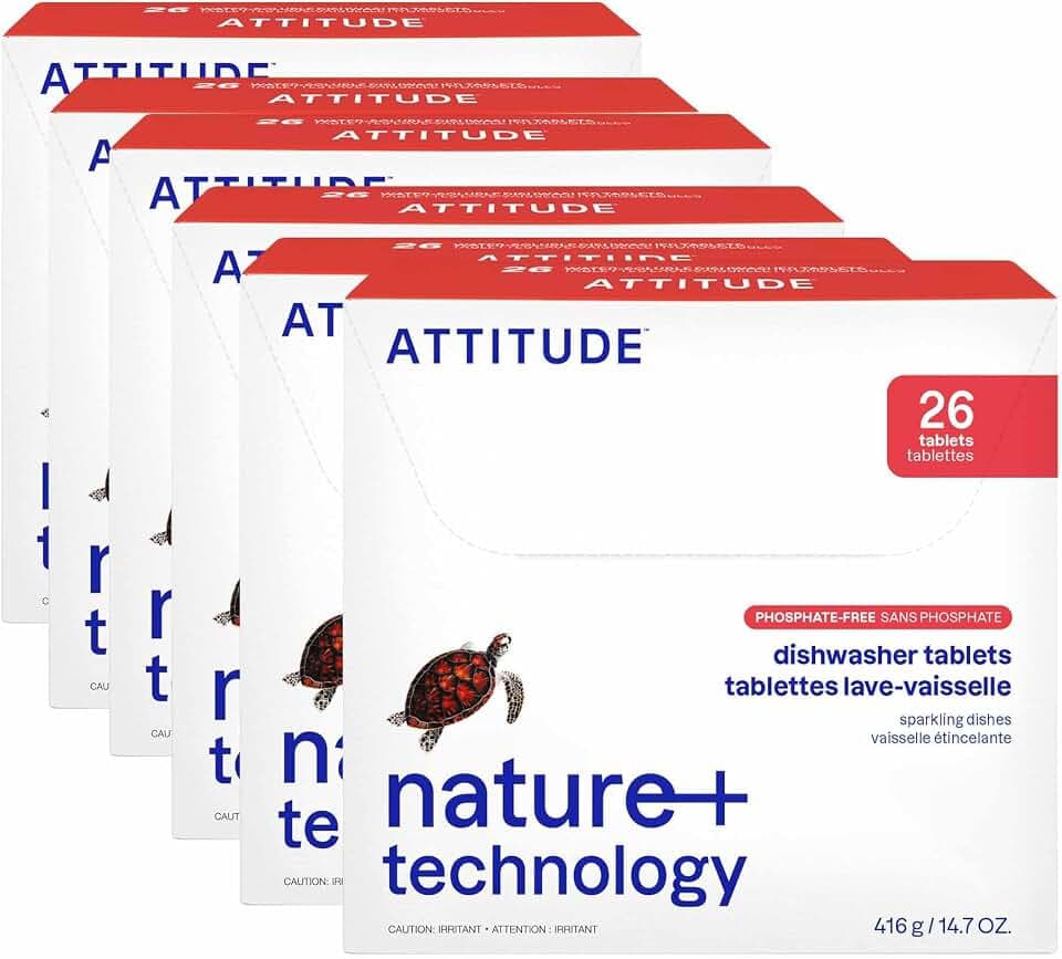 ATTITUDE Dishwasher Pods, Plant-Based & Vegan, Phosphate-Free Detergent Tablets, Naturally Derived, Unscented, 26 Count (Pack of 6)