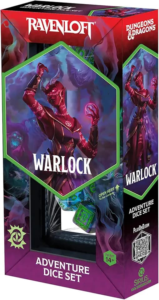 Dungeons & Dragons: D&D Adventure Dice - Warlock: Purple & Green - 14pc RPG Set, Class Symbols, Collectible Roleplaying Game Accessory, Sirius Dice
