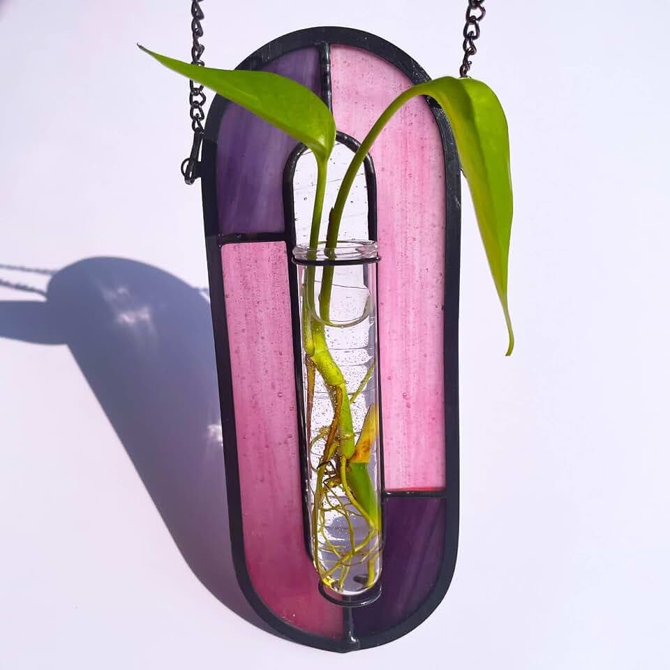 LITMIND Plant Propagation Station, Hanging Hydroponic Planter Terrarium with Vibrant Stained Glass Suncatcher Elements - Perfect for Home & Garden Decor, Includes 2 Glass Propagation Tubes