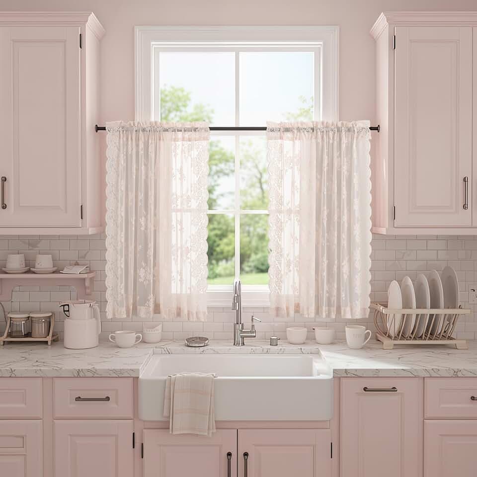 Kotile Blush Pink Lace Curtains Country Floral W42 x L36 Inch, 2 Panels