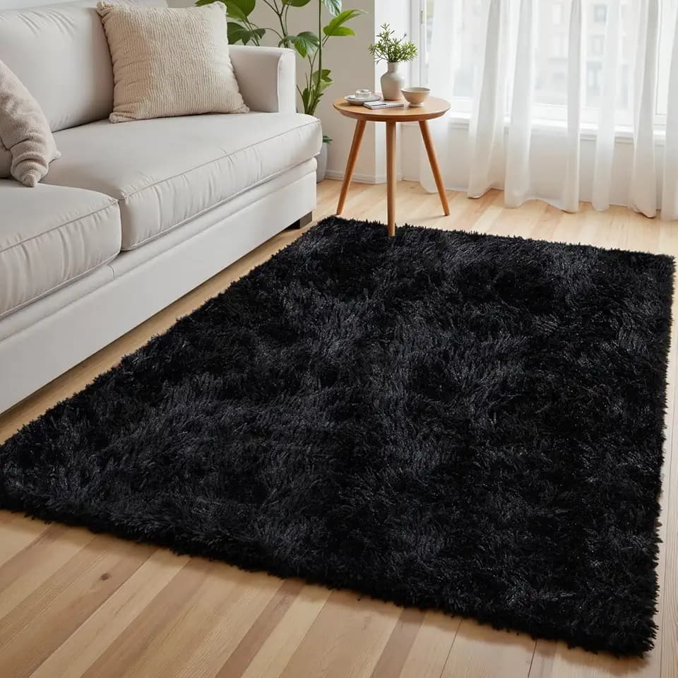 4x6 Black Fluffy Fuzzy Shag Area Rug for Living Room, Bedroom, Dorm Carpet