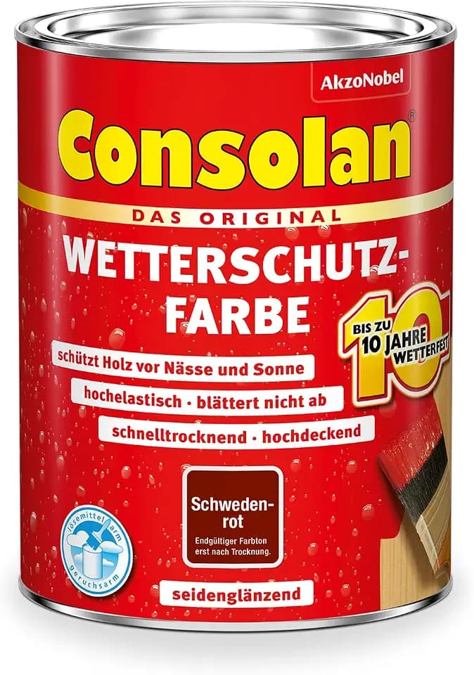 Consolan Wetterschutzfarbe, Deckender Holzschutz für Außen, Schwedenrot, 750ml