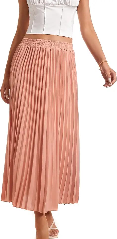 Damen-Faltenrock, hohe Taille, elastisch, Stretch, lang, knöchellang, schwingend, A-Linie, Strand, Maxirock