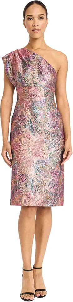 Maggy London Women's One Shoulder Metallic Jacquard Evening Dress - Fitted Special Occasion Cocktail Dress