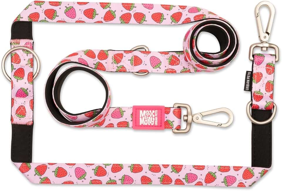 Max & Molly Multifunktions Hundeleine 2m mit 2 Karabinern, Strawberry Dream/L Umhängeleine Gepolstert, Sicher & Flexibel – Komfort für deinen treuen Begleiter