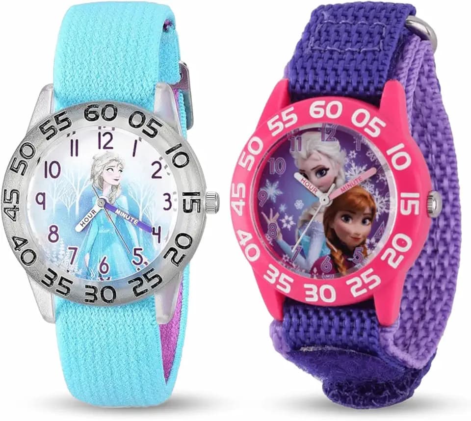 Disney Frozen 2-Pack Watch Set for Kids Ages 4–7 – Featuring Elsa and Anna Snowflake Dial Designs – Pink and Black Bezels with Blue and Purple Nylon Straps – GET 2 Mystery Bonus Watches