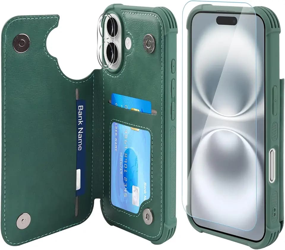 VANAVAGY Wallet Case for iPhone 16 with Card Holder, Forest Green