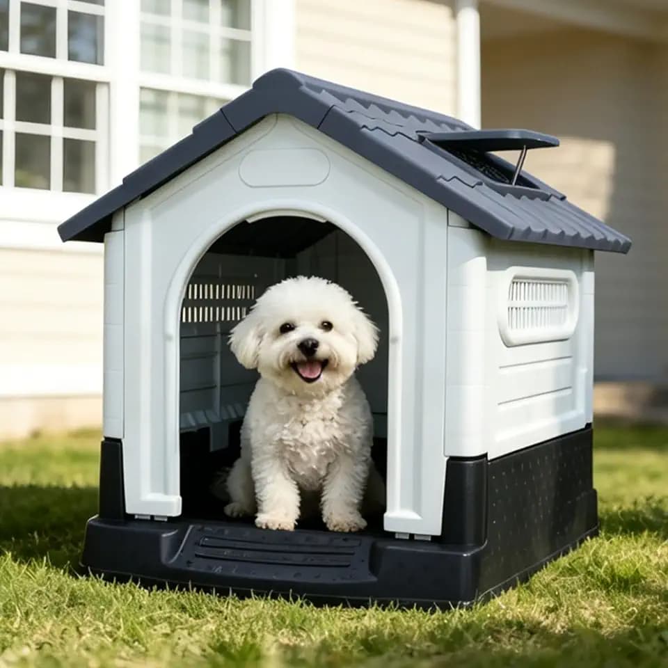 Small Dog House Outdoor with Air Vents and Elevated Floor for Puppy, Plastic Waterproof Doghouse Sloping Roof, Easy Clean and Assemble, Grey 25.2''D×19.3''W×26''H