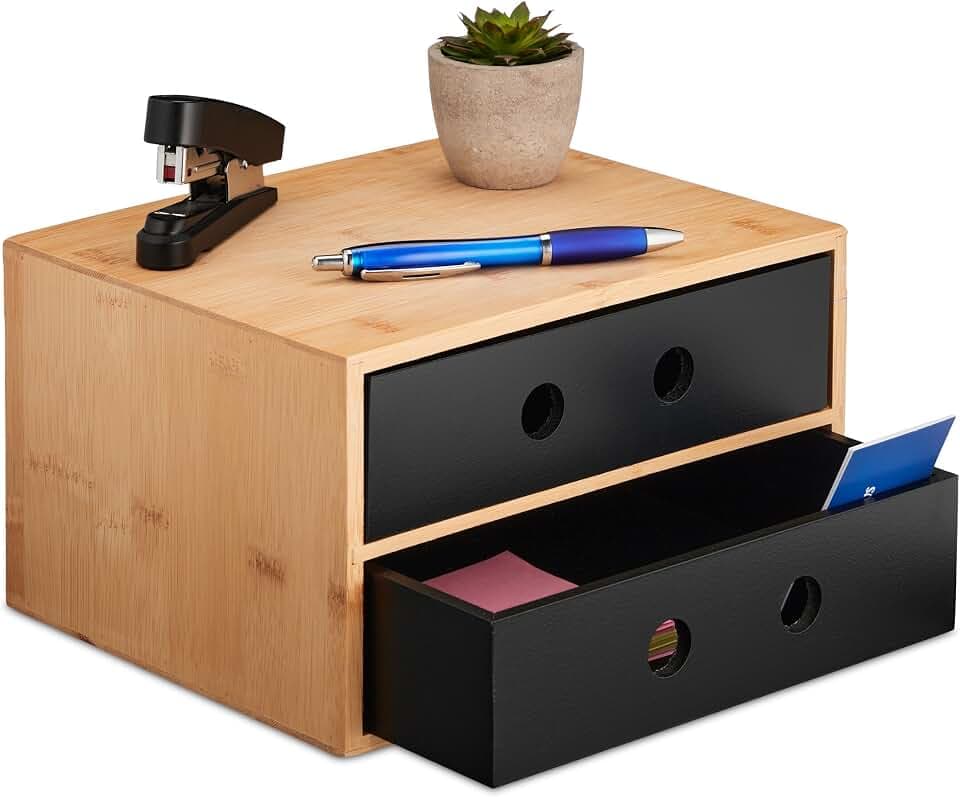 Relaxdays Schreibtisch Organizer, 2 Schubladen, Bambus & MDF, Schreibtischbutler Büro, HBT: 15x25x20 cm, Natur/schwarz
