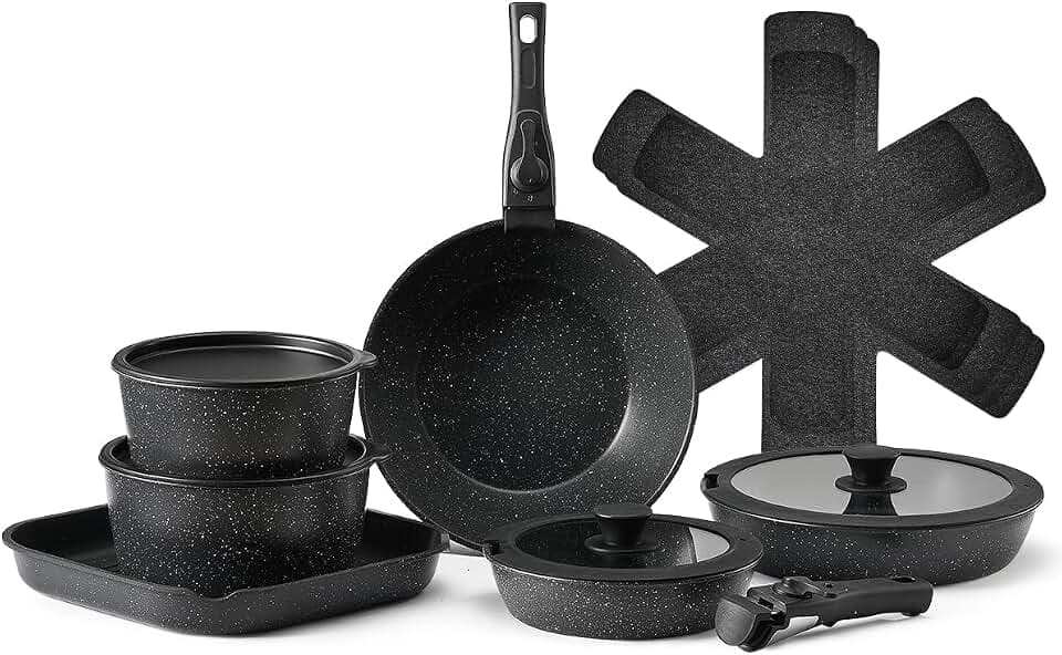 VEVOR Induktion Töpfe Pfannen Set (17-teilig) mit Glasdeckel antihaftbeschichtetes Kochgeschirr mit abnehmbarem Griff, Induktionskochtöpfe zum Braten, Würzen von Soßen und Kochen (Schwarz)