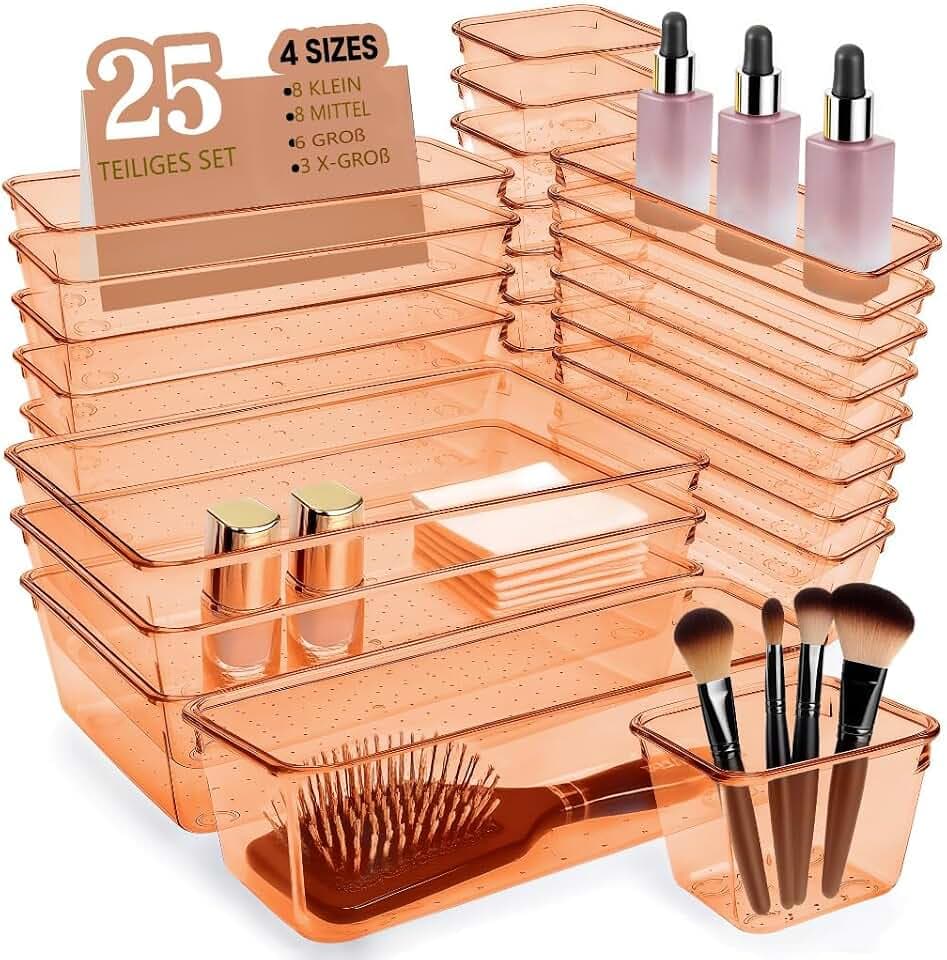 Schubladen Organizer, 25 Stück in 4 Größen, Kunststoff, Schminktisch und Make-up Organizer, Ordnungssystem (Braun)