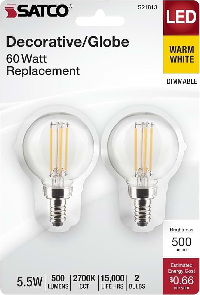 Satco S21813 5.5 Watt G16.5 LED Bulb, Clear, Candelabra Base, 2700K, 500 Lumens, 120 Volt, 2-Pack