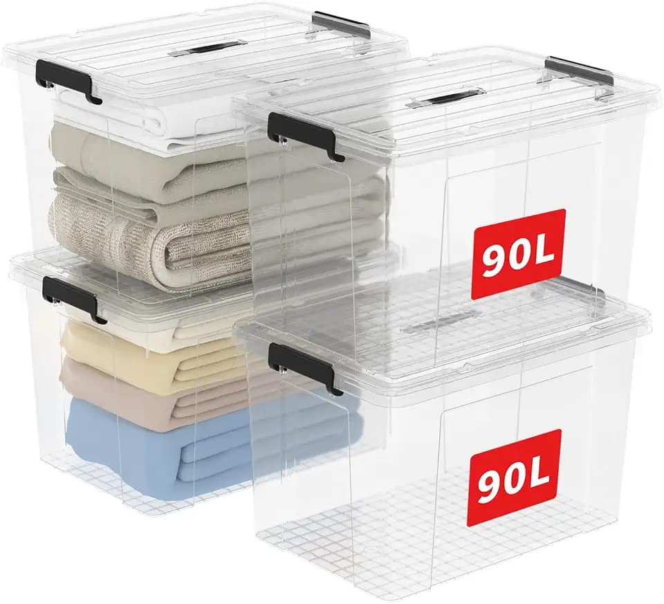 Cetomo 90L*4 Aufbewahrungsboxen, Tragbare Plastikboxen mit Deckeln, Organizer-Behälter mit Griff und Clips, Stapelbar, Ineinander Nestbar, für Zuhause und Büro, Transparent, 90L-4er Pack