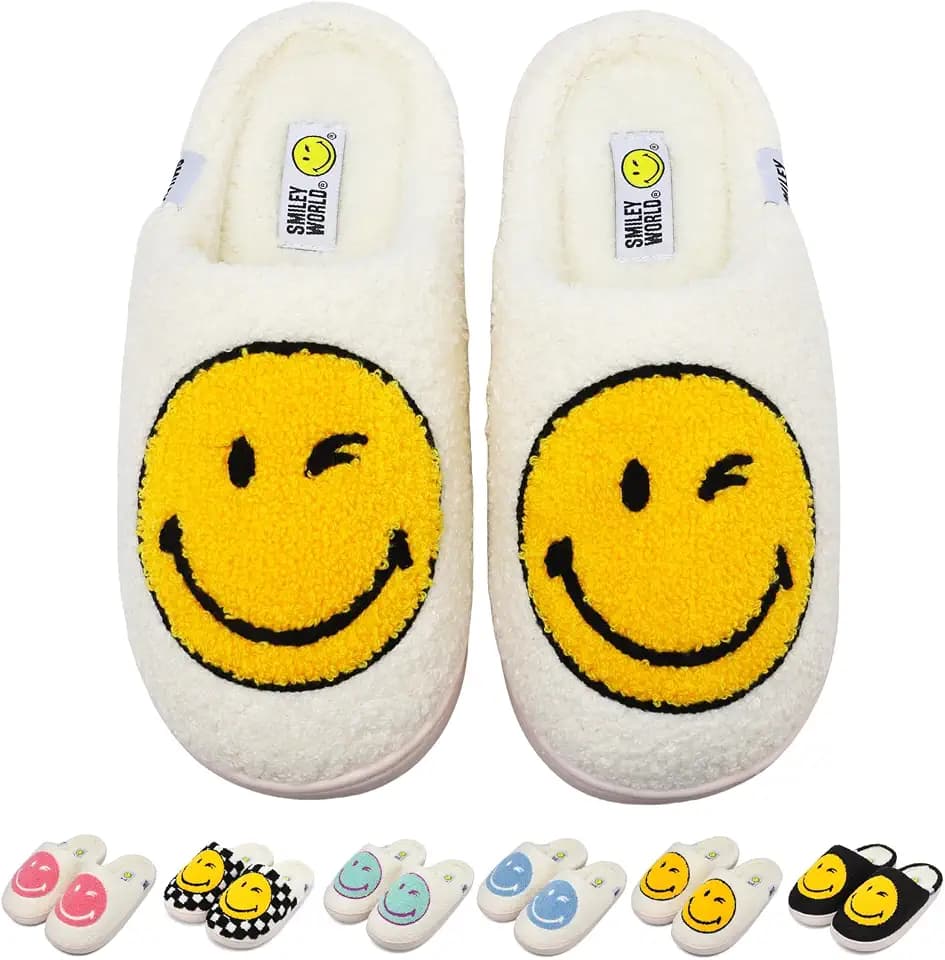 SmileyWorld® Smiley Face Slippers for Women Men Soft Plush Memory Foam Non-Slip Fuzzy House Shoes Warm Retro Happy Slip-On for Indoor Outdoor