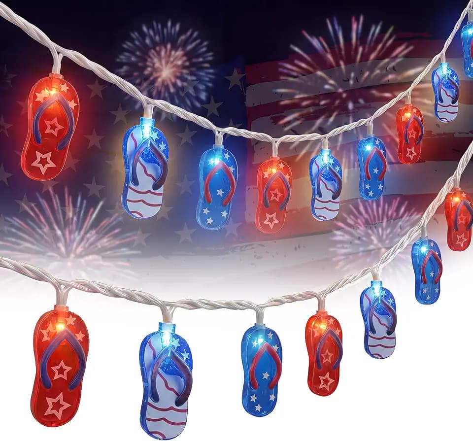 8.5Ft Tropical Beach Slipper String Lights, 4th of July American Flag