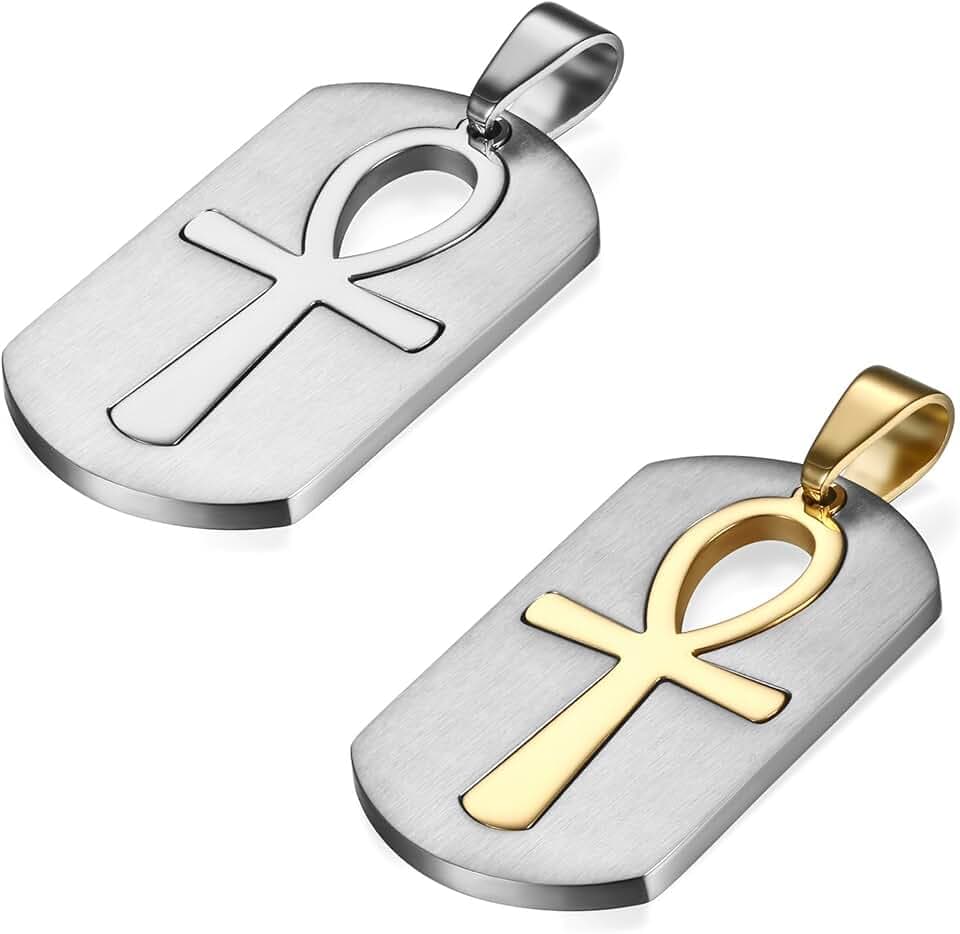 Flongo Edelstahl Anhänger Halskette Kette Silber Gold Golden Egyptian Ägyptisches Anch o. Ankh Kreuz Kruzifix Dog Tag Abziehbar Herren, mit 55cm Kette Herrenkette