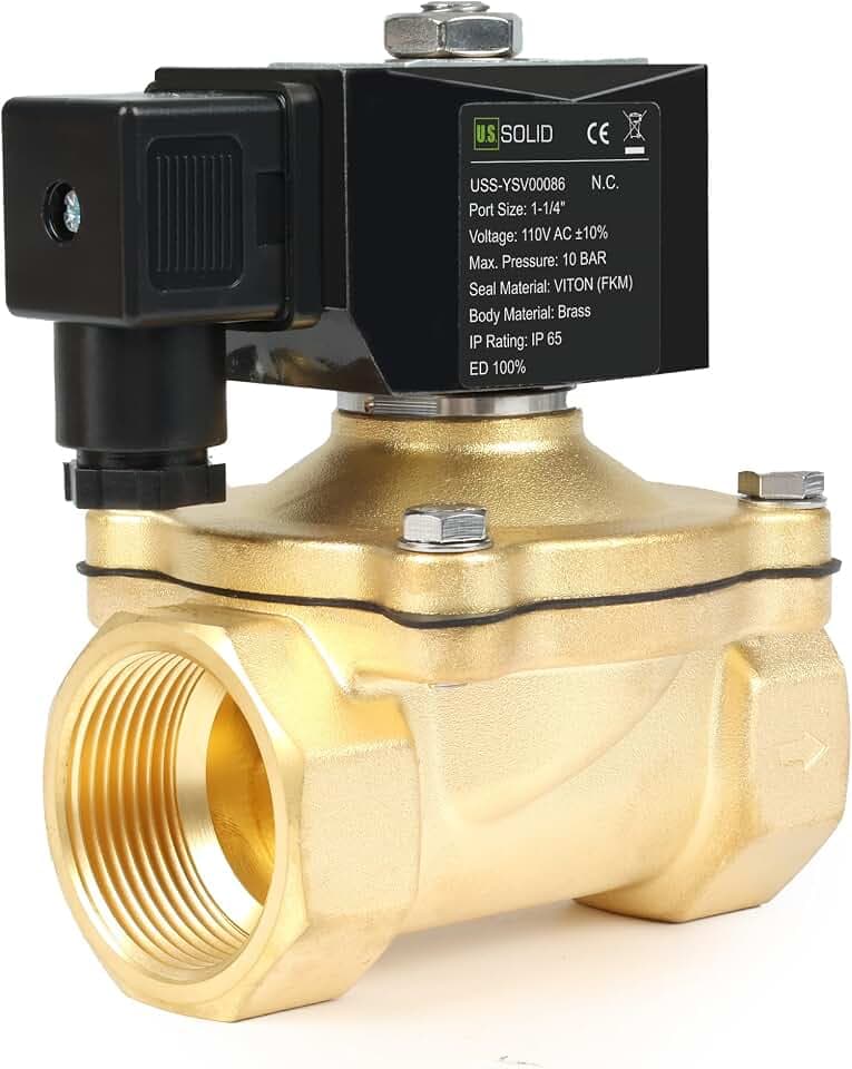 U.S. Solid 1-1/4" Brass Solenoid Valve -110V 120V AC, Normally Closed, 145 PSI Electric Valve for Water, Air, Diesel