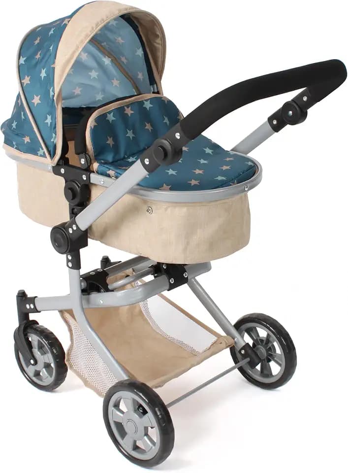 Bayer Chic 2000® 2in1 Puppenwagen Mika – Sternchen beige-türkis – faltbar – höhenverstellbarer Griff 47-80 cm – modernes Gestell – Puppen bis 52 cm – 4-8 J, Flowers