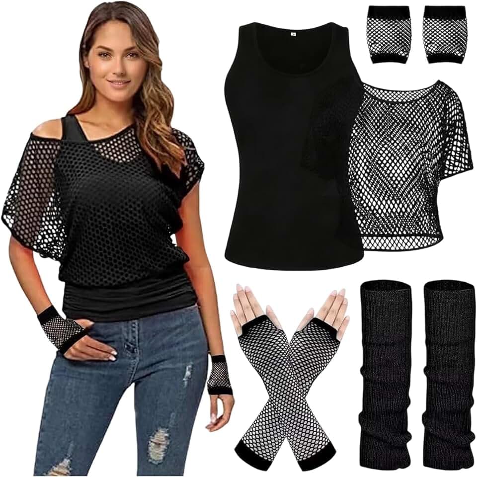 Damen Neon Outfit 80er 90er Jahre Fischnetz T-Shirt Ärmelloses Oberteil mit Handschuhe Beinstulpen Aerobic Kleidung Thema Party Zubehör Halloween Karneval Kostüm