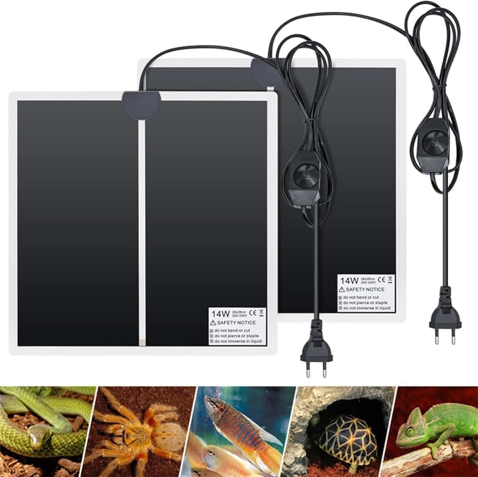 2Pcs Einstellbar Reptile Heizmatte Terrarium Heizmatten Mit Thermostatsteuerung Eidechse Temperatur Heizkissen für Amphibien Gecko Schlangen Schildkröte Spinne Bartagamen (14W 28 * 28CM)