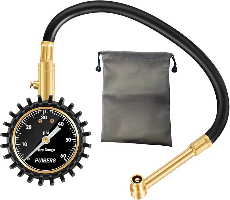 Motorcycle Tire Pressure Gauge 60 PSI, PUIBERS 2’’ dial Mechanical Tire Gauges with 90 Degree Right Angle Chuck Flexible Hose, Tires Guages for Pressure Glow in The Dark for Cars, Motos, Bicycles