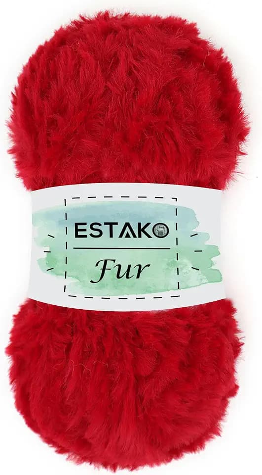 Estako Fur, 100% Polyester Faux Fur Yarn, Super Chunky Fluffy, Red