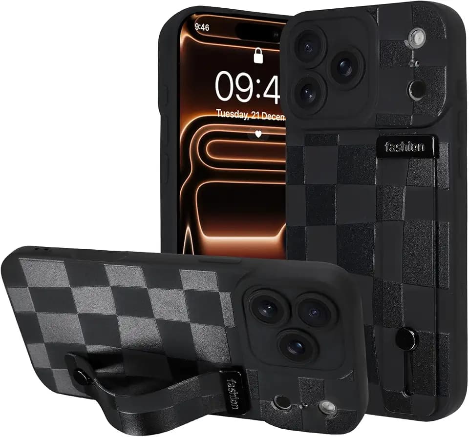 OOK Designed for iPhone 17 Pro Max Case with Strap Stand, Black Checkered