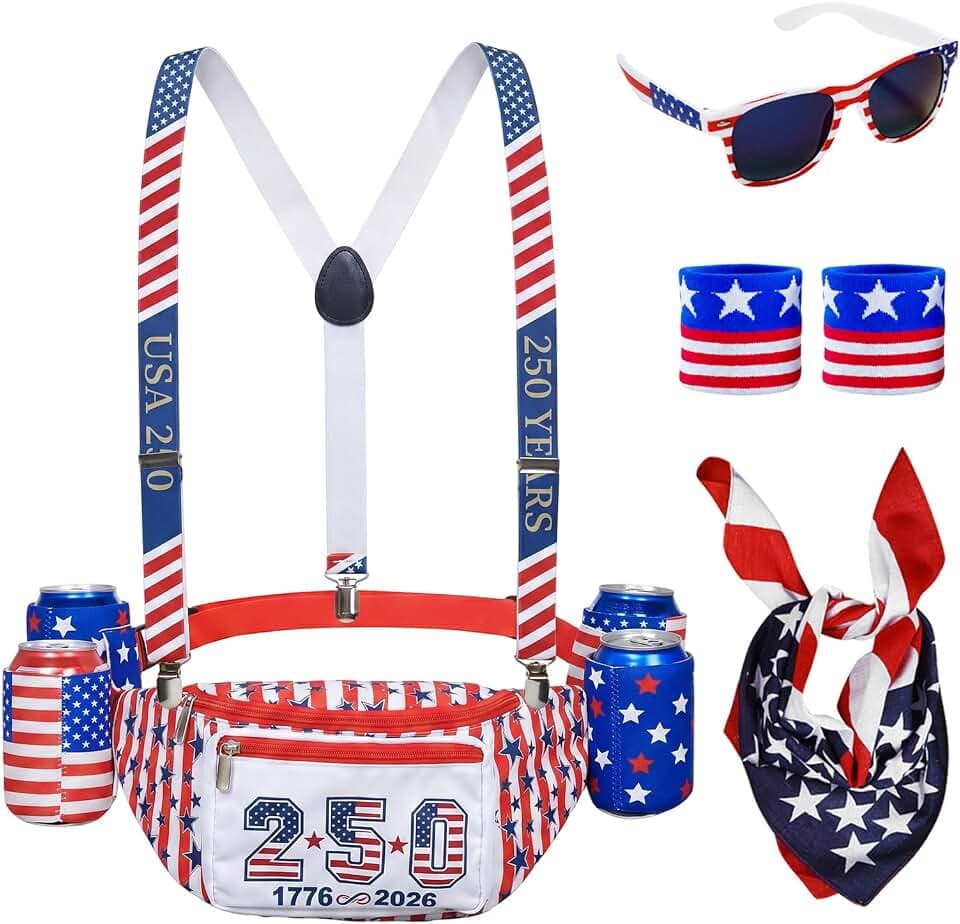 4th of July Patriotic Fanny Packs,USA Beverage Beer Belt Set with Suspenders Drink Holder Flag Headband Wristband Sunglasses for Independence Day (Waist Pack Set 6)
