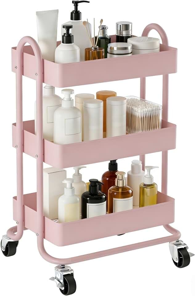 3 Tier Metal Rolling Cart, Utility Storage Cart Shelf Organizer with Wheels for Home & Office, Pink