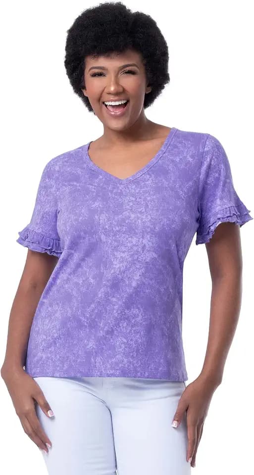 Lee Women's Cotton Ruffle Short Sleeve V-Neck T-Shirt