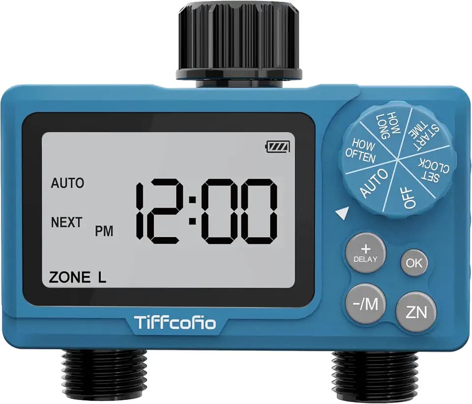 TiFFCOFiO Sprinkler Timer Outdoor, Digital Programmable for Garden Hose, Irrigrtion Timer with Rain Delay and Manual Mode (2 Oulets, 1 Pack)