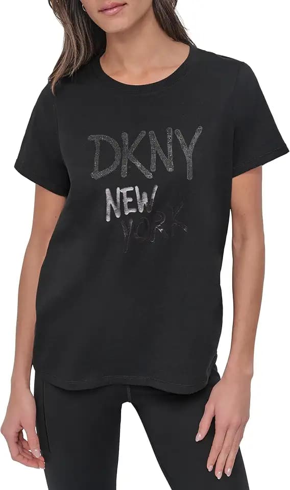 DKNY Damen Rhinestone Graffiti Short Sleeve Relaxed Fit Crew Neck Tee T-Shirt (1er Pack)
