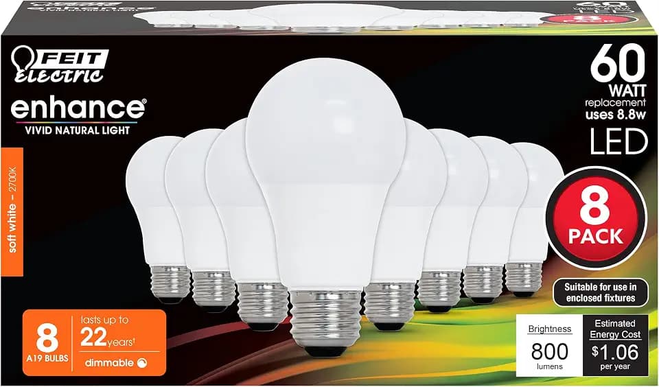 Feit Electric A19 LED Light Bulbs - 60W Eq, Dimmable, Soft White - 8 Pack