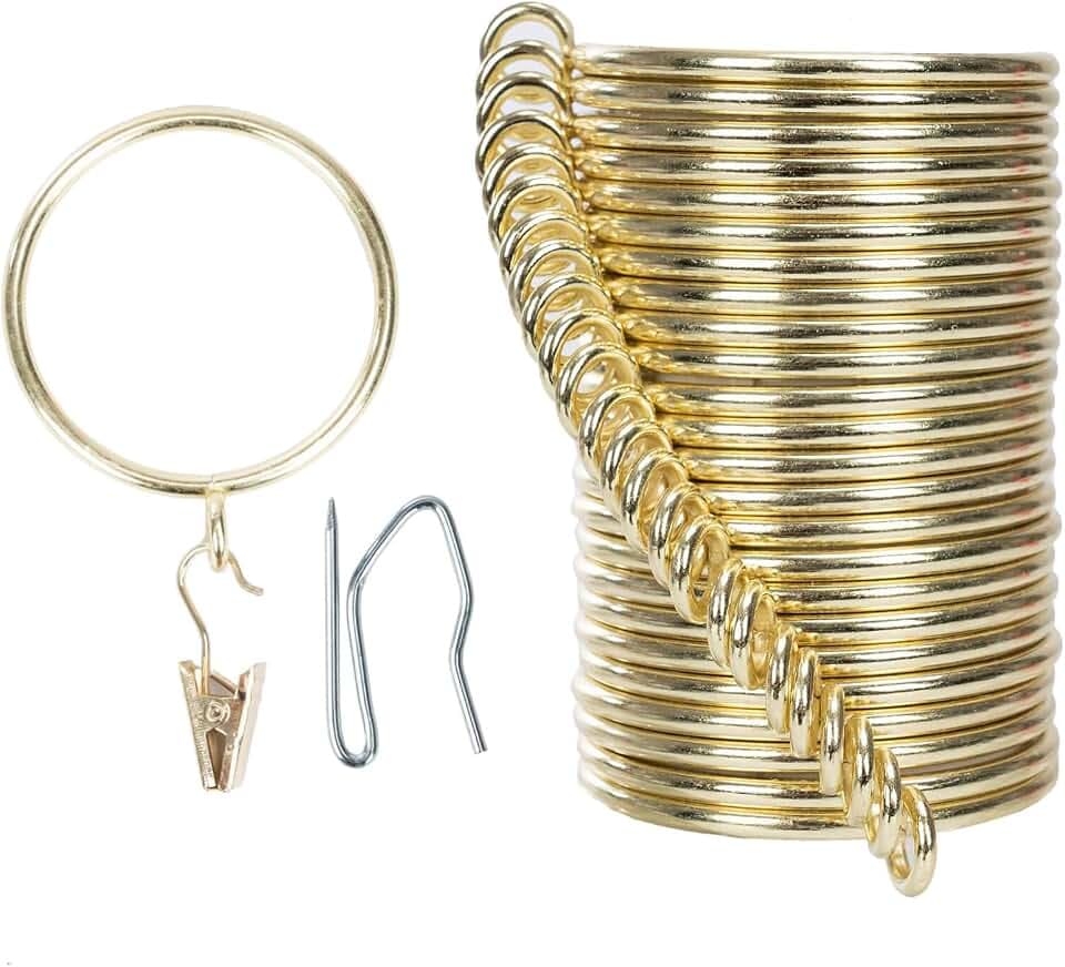 Vorhangringe und Hakenclip, 32 mm Innendurchmesser, komplettes Set mit Gardinenstangenringen, Haken und Clips, 24 Stück, Vorhangringe für zwei Standard-Vorhänge, Gold TXZWJZ