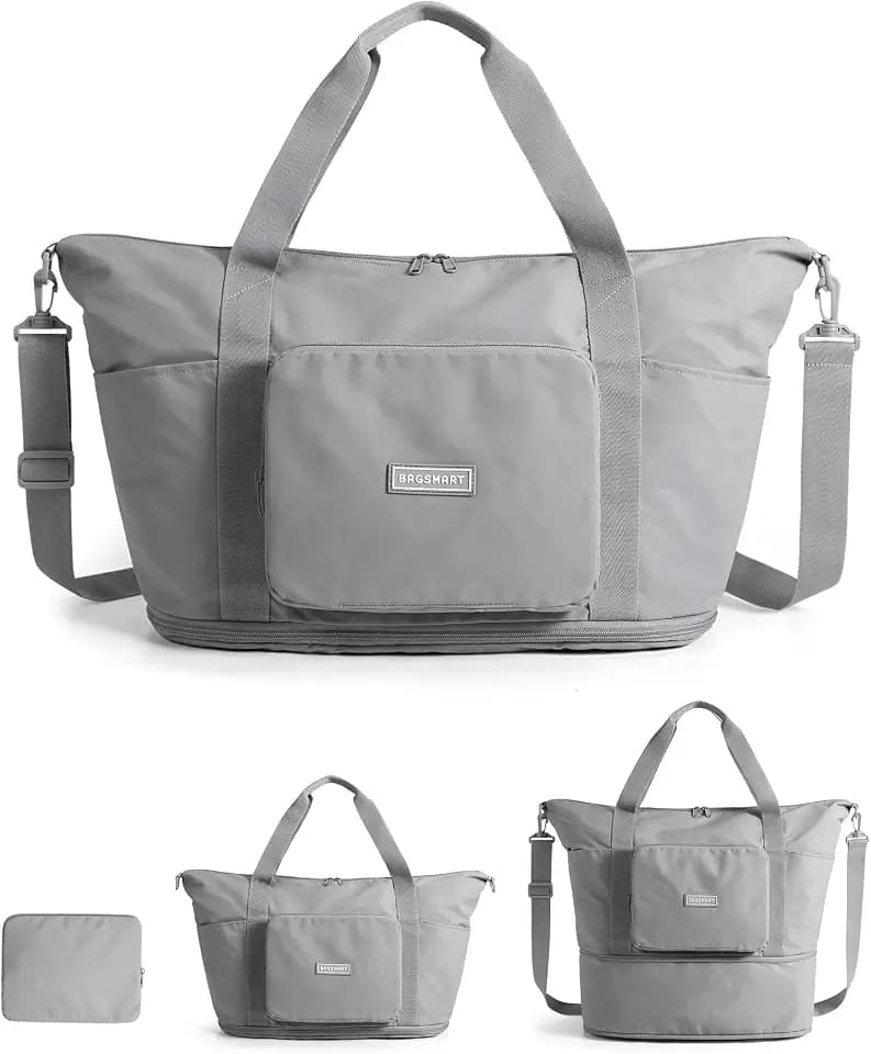 BAGSMART Foldable Travel Bag, 37L Expandable Personal Item Bag, Gray