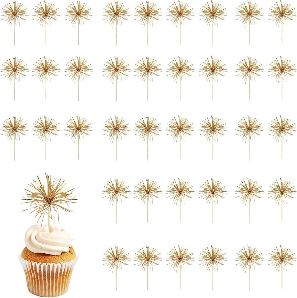 40 Stück Feuerwerk Tortendeko, Gold Muffin Deko, Cupcake Topper